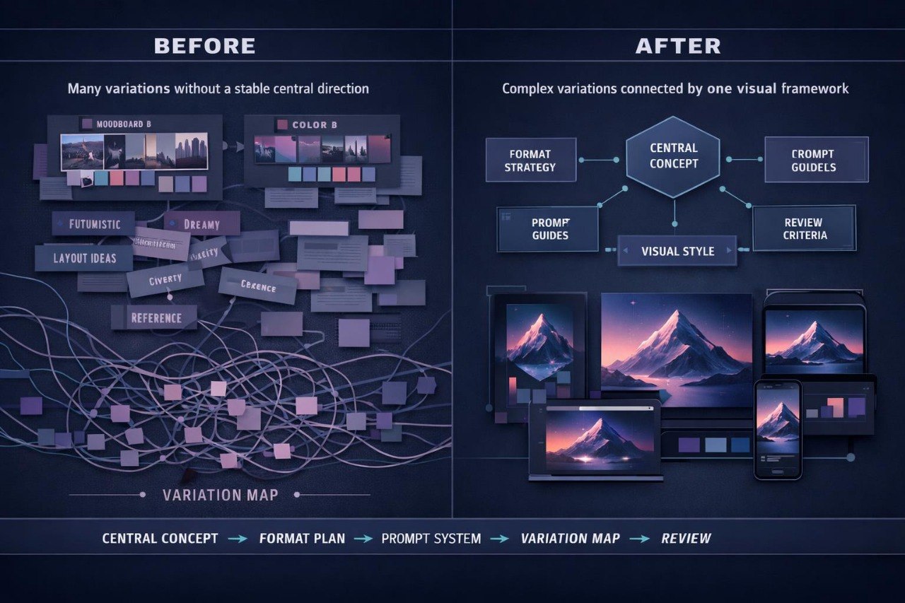 A dark promotional infographic comparing a 'Before' state with an 'After' state of visual design and prompt generation. The left 'Before' section shows a chaotic variation map with many disconnected blocks and abstract UI elements.