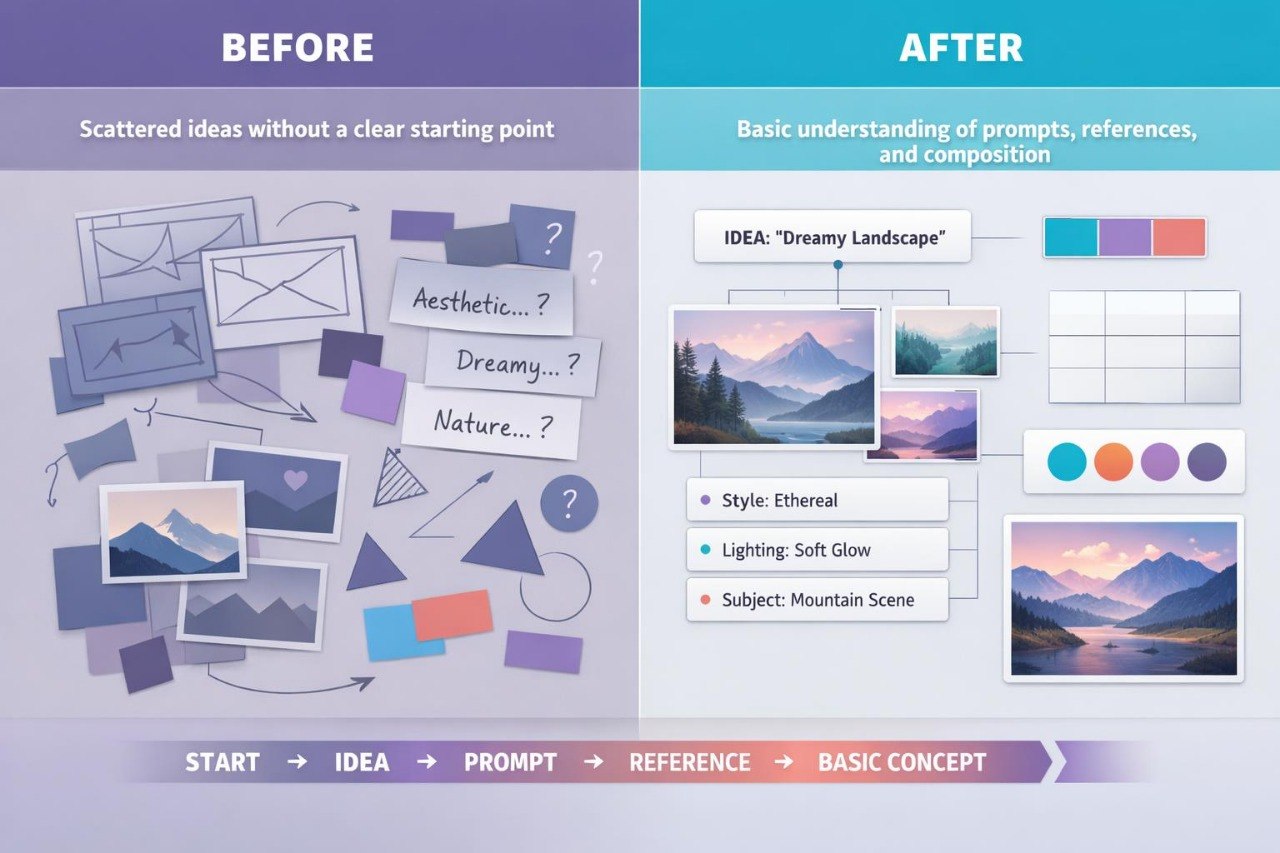 An educational infographic comparing 'Before' and 'After' stages of prompt engineering. The left side, labeled 'BEFORE' in white on a purple background, shows a messy pile of generic icons and question marks representing scattered ideas.