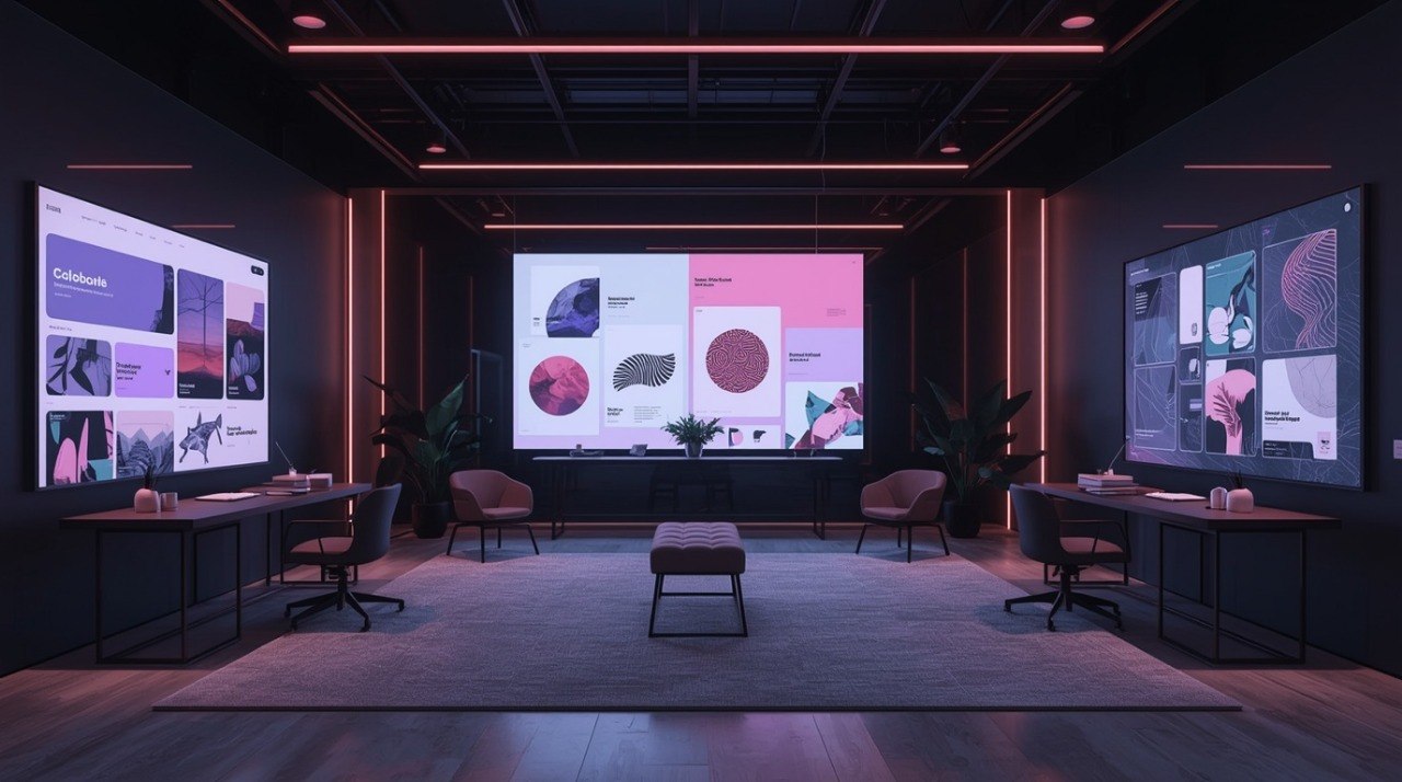 A modern dark-themed digital workspace or meeting room with three large wall-mounted screens displaying colorful presentation layouts, plus desks, chairs, plants, and ambient pink lighting.
