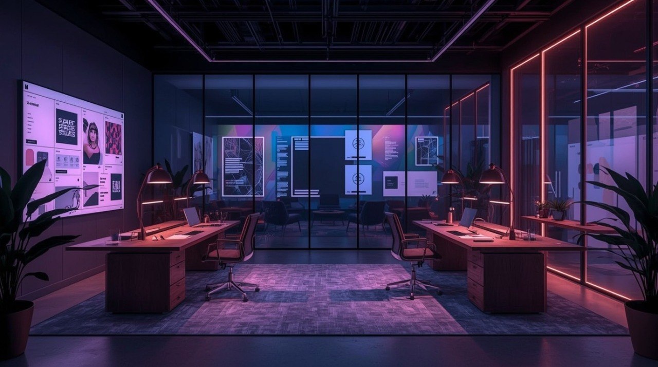 A modern office interior with two long desks, office chairs, glass partition walls, and neon lighting in purple, blue, and pink tones. A large digital display screen is mounted on the left wall.