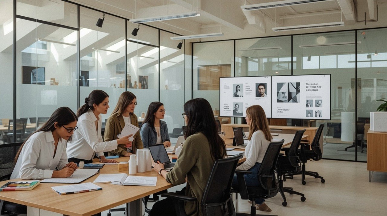 A group of women collaborating in a modern glass-walled office meeting room, seated around a wooden conference table with laptops and papers, with a large presentation screen on the wall behind them.