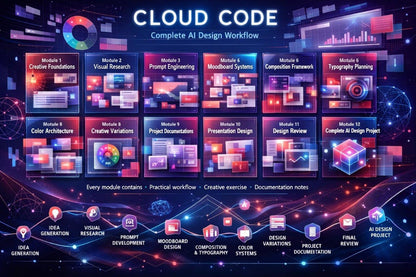 A digital promotional graphic for a 'Cloud Code' complete AI design workflow, featuring a grid of 13 colorful module tiles with icons and labels such as creative foundations, visual research, prompt engineering, composition framework, typography planning, color architecture, creative variations, project documentation, presentation design, design review, and complete AI design project. The layout is set against a dark, futuristic tech background with glowing blue and purple digital elements.