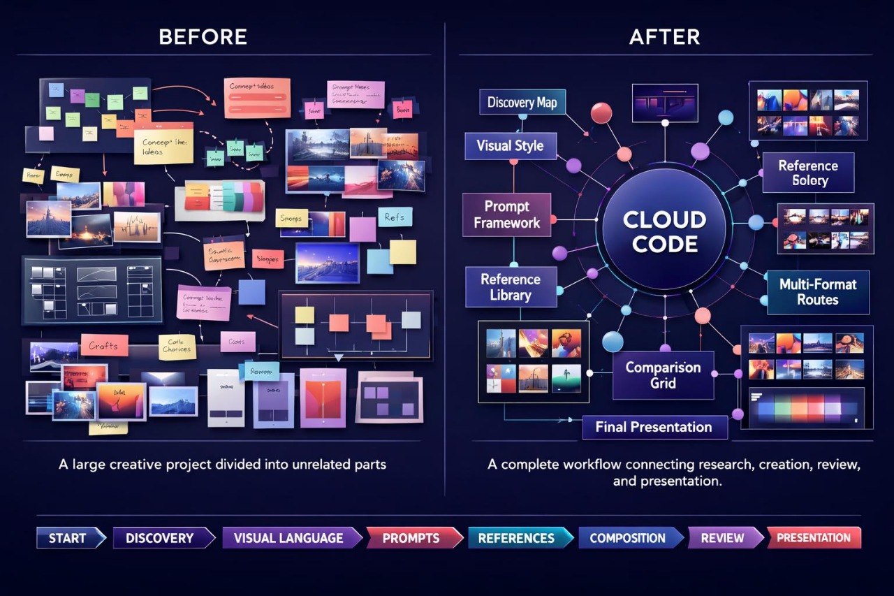 A before-and-after infographic comparing a disorganized creative project on the left ('Before') with a structured workflow centered around 'Cloud Code' on the right ('After'). The right side shows connected modules like a discovery map, visual style guide, prompt framework, reference library, multi-format routes, comparison grid, and final presentation.