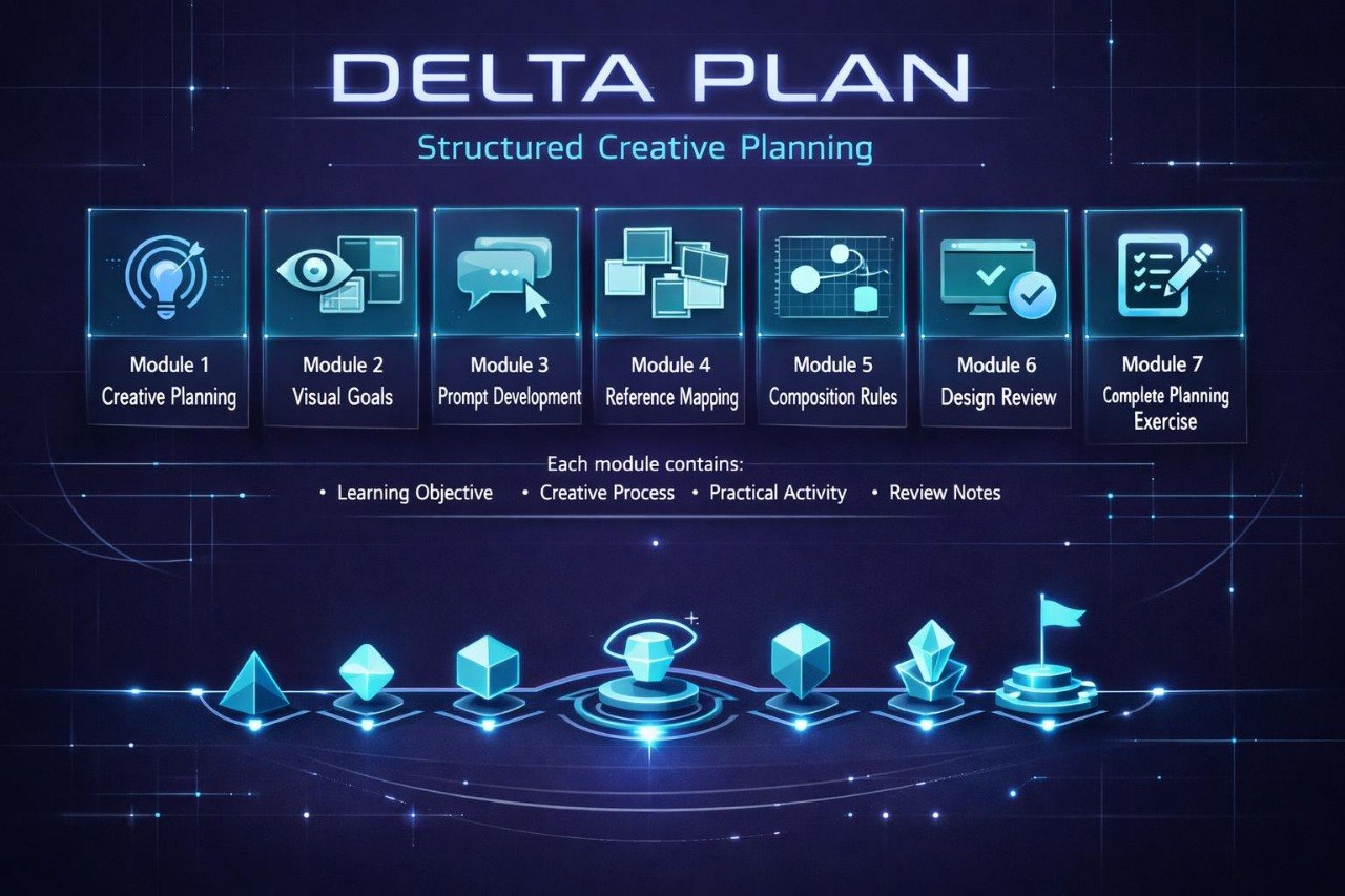 A digital infographic titled 'DELTA PLAN' with the subtitle 'Structured Creative Planning' on a dark blue background. It shows seven illustrated modules in a row with labels such as Creative Planning, Visual Goals, Problem Development, Reference Mapping, Composition Rules, Design Review, and Complete Planning Exercise.