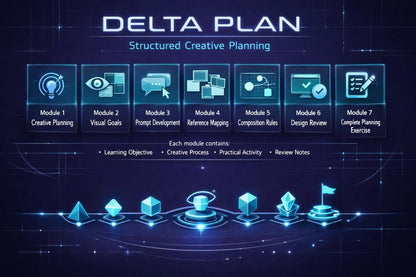 A digital infographic titled 'DELTA PLAN' with the subtitle 'Structured Creative Planning' on a dark blue background. It shows seven illustrated modules in a row with labels such as Creative Planning, Visual Goals, Problem Development, Reference Mapping, Composition Rules, Design Review, and Complete Planning Exercise.
