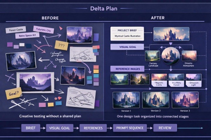 A dark navy presentation-style diagram titled 'Delta Plan' comparing a messy 'BEFORE' creative planning session with an organized 'AFTER' workflow. The graphic includes labeled boxes such as 'Project Brief,' 'Visual Goal,' 'References,' 'Prompt Sequence,' and 'Review,' alongside sample fantasy landscape thumbnails and arrows showing process flow.