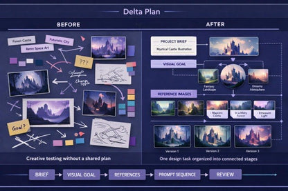A dark navy presentation-style diagram titled 'Delta Plan' comparing a messy 'BEFORE' creative planning session with an organized 'AFTER' workflow. The graphic includes labeled boxes such as 'Project Brief,' 'Visual Goal,' 'References,' 'Prompt Sequence,' and 'Review,' alongside sample fantasy landscape thumbnails and arrows showing process flow.