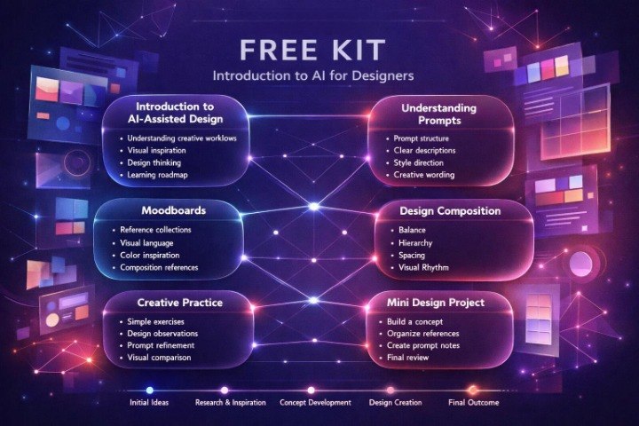 A digital infographic titled 'FREE KIT' for 'Introduction to AI for Designers,' showing six rounded purple panels with text about design topics like AI-assisted design, prompts, moodboards, creative practice, composition, and mini design projects on a dark purple tech-style background.