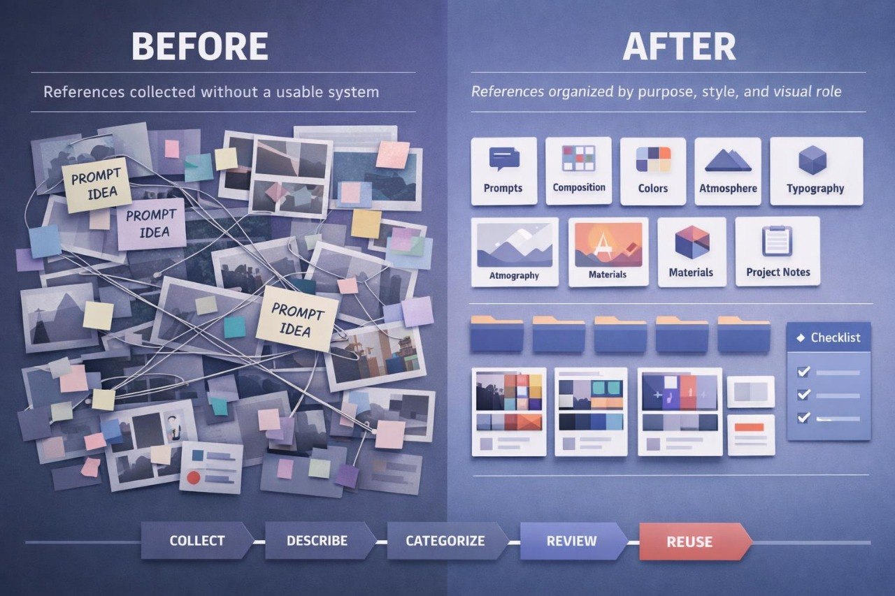 A digital infographic comparing a messy 'Before' state with an organized 'After' state for managing design and prompt references. The left side shows a cluttered pile of Polaroid-style photos and sticky notes labeled 'PROMPT IDEA' connected by lines.