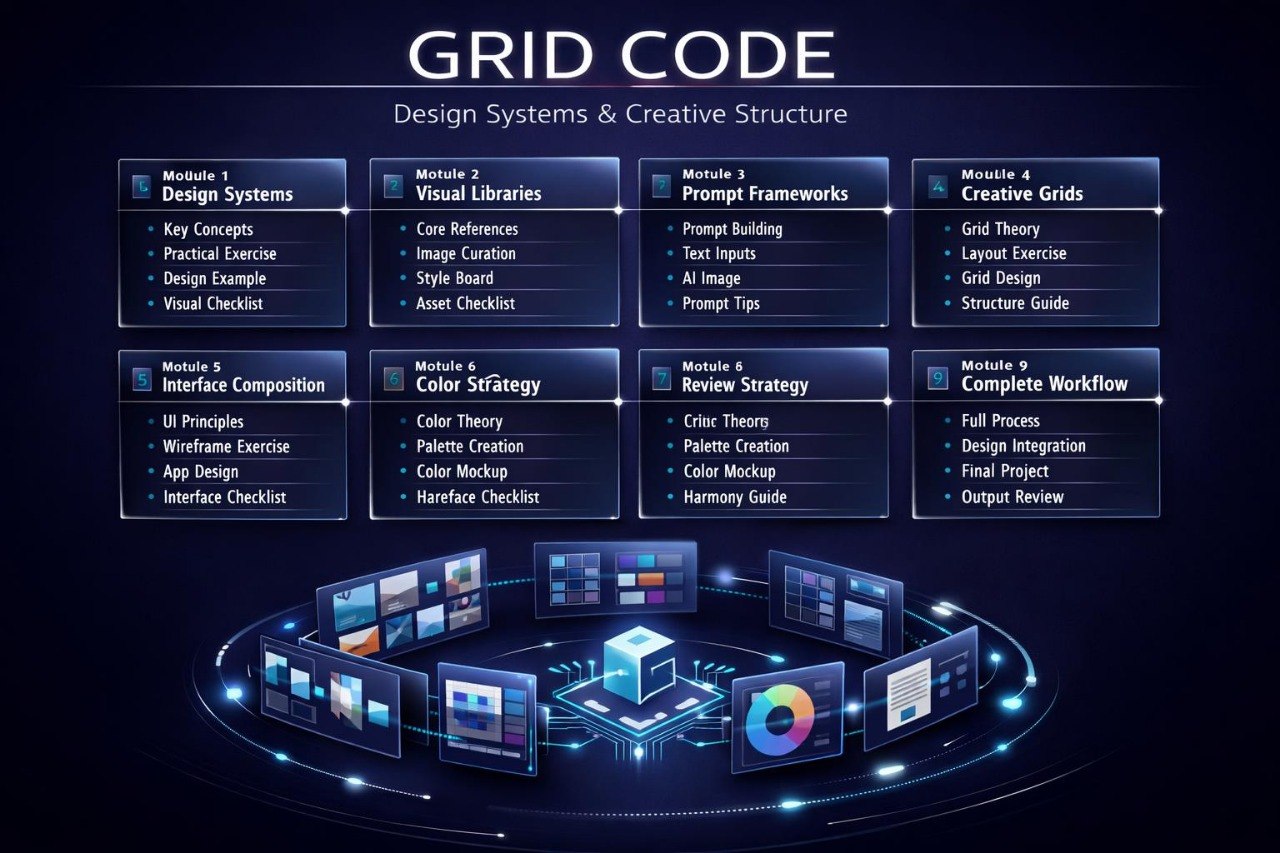 A dark digital infographic titled 'GRID CODE' with multiple glowing blue rectangular panels arranged in a grid above a circular platform of screens and cubes. The text appears to describe design systems, creative structure, prompt frameworks, color identity, and workflow modules.