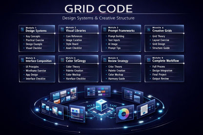 A dark digital infographic titled 'GRID CODE' with multiple glowing blue rectangular panels arranged in a grid above a circular platform of screens and cubes. The text appears to describe design systems, creative structure, prompt frameworks, color identity, and workflow modules.