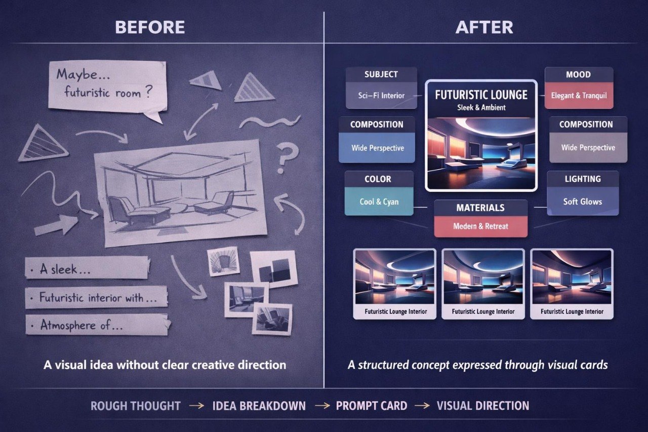 A comparison graphic titled BEFORE and AFTER on a dark blue chalkboard-style background. The left side shows rough sketch notes and a hand-drawn room diagram labeled as a visual idea without clear direction.