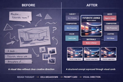 A comparison graphic titled BEFORE and AFTER on a dark blue chalkboard-style background. The left side shows rough sketch notes and a hand-drawn room diagram labeled as a visual idea without clear direction.
