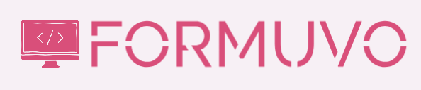 A pink stylized wordmark reading 'FORMUVO' next to a small computer monitor icon with angle brackets, on a very light pink background.