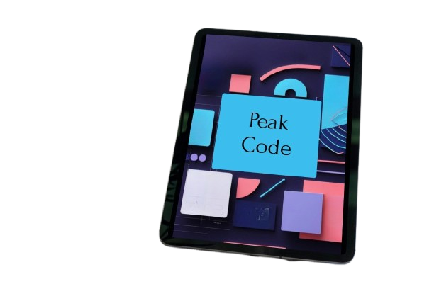 A black tablet device shown at an angle on a plain white background, with its screen illuminated and displaying a colorful geometric interface featuring the text 'Peak Code'.
