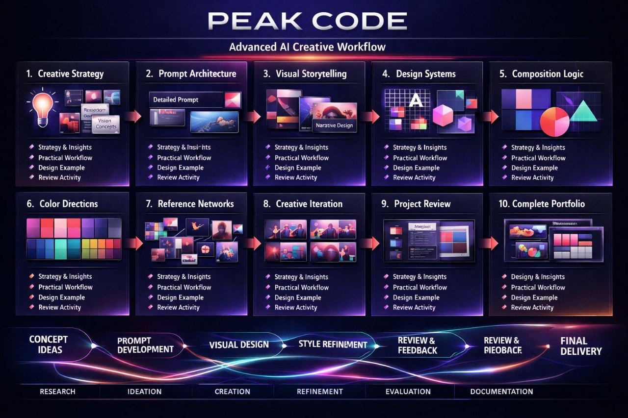 A digital infographic titled 'PEAK CODE' showing a 10-step AI creative workflow with colorful panels, icons, and text on a dark gradient background.