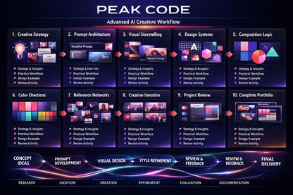 A digital infographic titled 'PEAK CODE' showing a 10-step AI creative workflow with colorful panels, icons, and text on a dark gradient background.