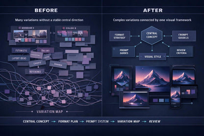 A dark promotional infographic comparing a 'Before' state with an 'After' state of visual design and prompt generation. The left 'Before' section shows a chaotic variation map with many disconnected blocks and abstract UI elements.