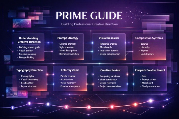 A digital presentation slide titled 'PRIME GUIDE' with the subtitle 'Building Professional Creative Direction,' showing a dark purple and blue graphic layout with multiple labeled panels about creative direction, prompt strategy, visual research, composition systems, typography direction, color systems, creative review, and complete creative project.