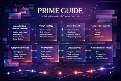 A digital presentation slide titled 'PRIME GUIDE' with the subtitle 'Building Professional Creative Direction,' showing a dark purple and blue graphic layout with multiple labeled panels about creative direction, prompt strategy, visual research, composition systems, typography direction, color systems, creative review, and complete creative project.