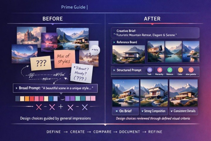 A digital infographic titled 'Prime Guide' comparing a 'Before' and 'After' workflow for creating landscape images. The 'Before' section shows a collage of various landscape art pieces, sticky notes, and a color palette, while the 'After' section displays a clean, professionally composed landscape image of a mountain retreat with text labels.