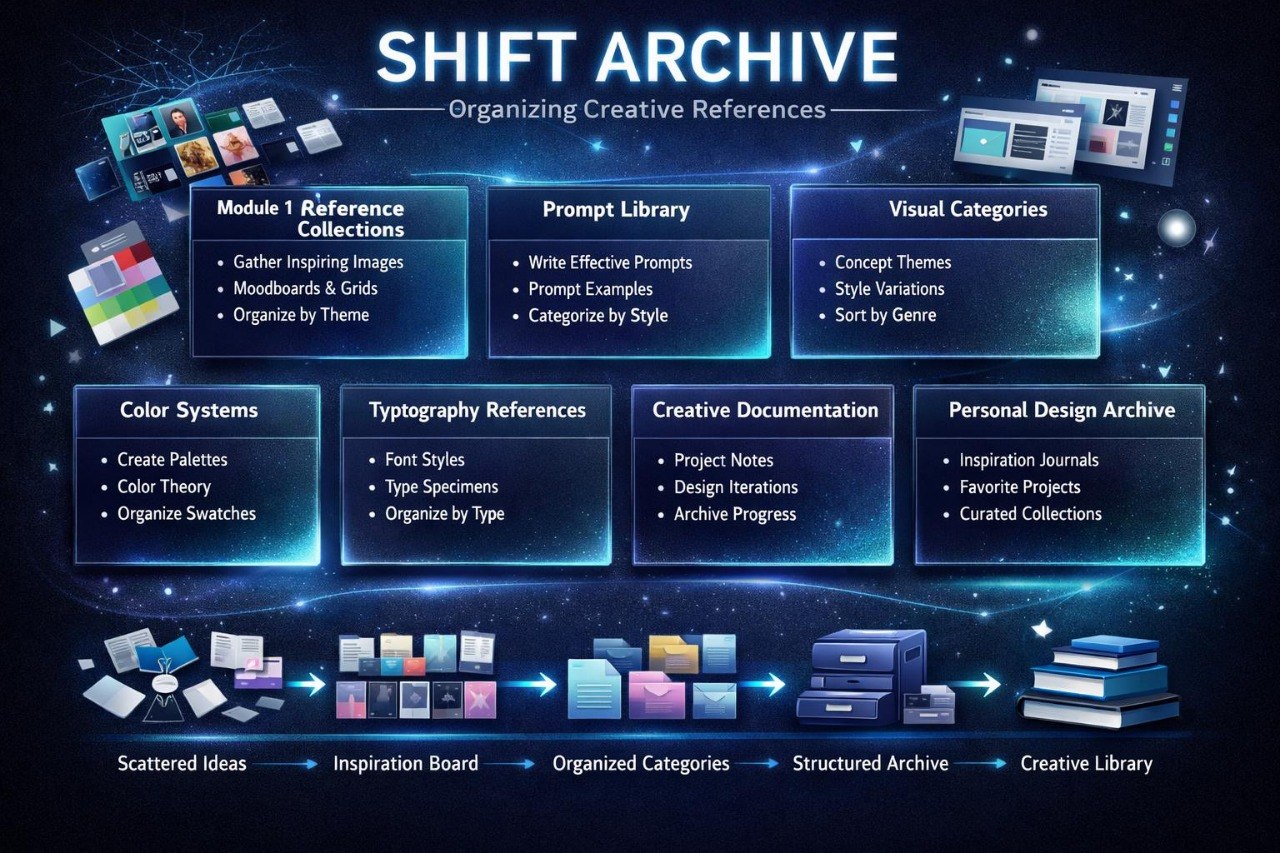 A digital infographic titled 'SHIFT ARCHIVE' with the subtitle 'Organizing Creative References,' showing a dark blue and black background with multiple glowing blue panels arranged in a workflow. The panels include sections such as Module 1 Reference Collections, Prompt Library, Visual Categories, Color Systems, Typography References, Creative Documentation, and Personal Design Archive, with small icons representing folders, screens, books, and documents.
