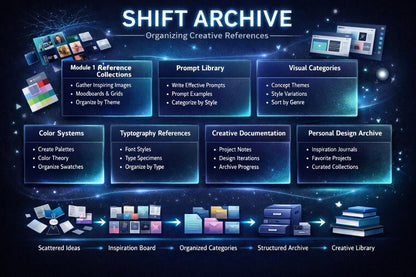 A digital infographic titled 'SHIFT ARCHIVE' with the subtitle 'Organizing Creative References,' showing a dark blue and black background with multiple glowing blue panels arranged in a workflow. The panels include sections such as Module 1 Reference Collections, Prompt Library, Visual Categories, Color Systems, Typography References, Creative Documentation, and Personal Design Archive, with small icons representing folders, screens, books, and documents.