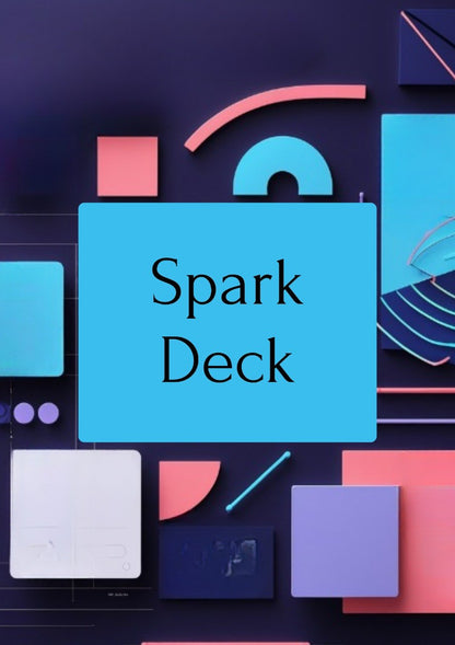 A flat-lay graphic layout featuring a central bright blue square with the text 'Spark Deck' in black serif font, surrounded by abstract geometric shapes in pink, cyan, purple, and white on a dark navy background.