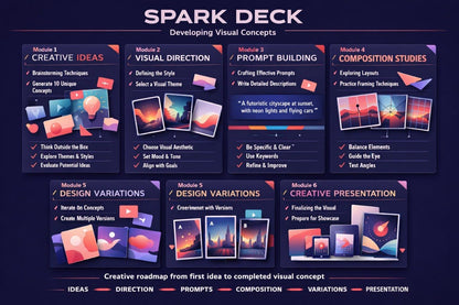 An infographic poster titled 'SPARK DECK' outlining a creative roadmap for developing visual concepts, divided into ten sections from Ideas to Presentation, with colorful illustrations and text on a dark navy background.