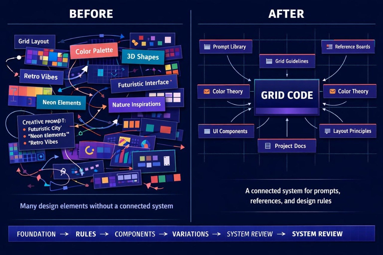 A digital infographic comparing a 'Before' state of disorganized design elements with an 'After' state of a structured 'Grid Code' system, presented in a dark navy blue theme with purple, blue, and orange accents.