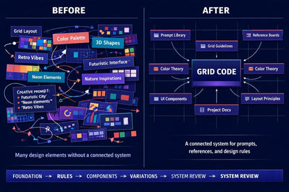 A digital infographic comparing a 'Before' state of disorganized design elements with an 'After' state of a structured 'Grid Code' system, presented in a dark navy blue theme with purple, blue, and orange accents.