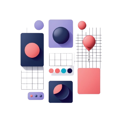 Abstract geometric illustration with overlapping circles, squares, grids, and color swatches in pink, purple, navy, and white on a light gray background.