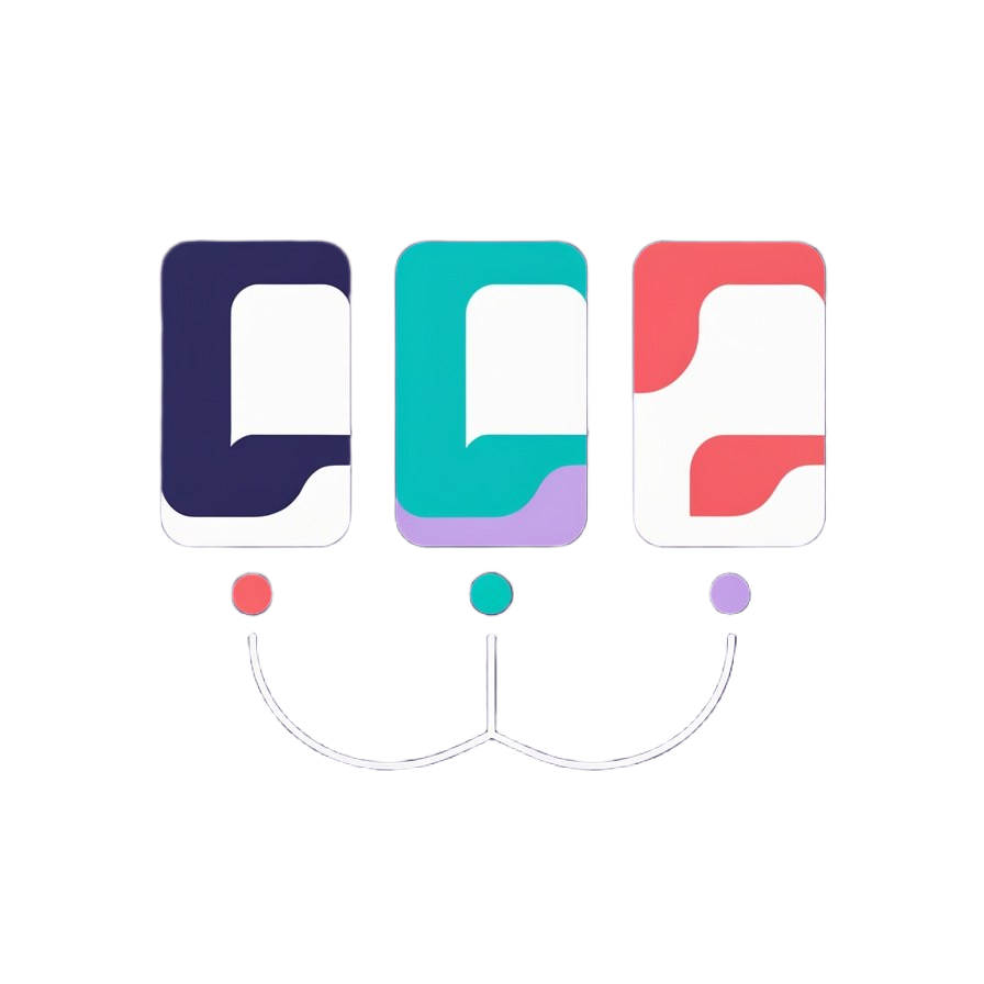 A minimalist digital graphic featuring three stylized capital letters 'C' in navy blue, teal, and coral pink, arranged to resemble a face with a stethoscope below on a solid white background.