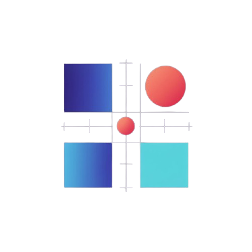 A minimalist geometric logo or graphic on a white background, featuring a blue square in the top-left, a red circle in the top-right, a small red circle at the center, and a cyan square in the bottom-right, divided by a light gray crosshair grid.