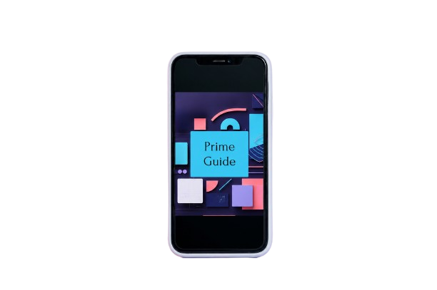 A black smartphone with a white front bezel and a colorful app-style screen graphic reading 'Prime Guide,' centered on a plain white background.