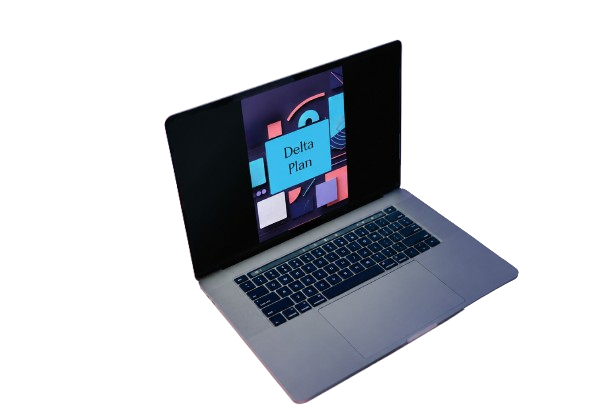 A silver laptop with its screen open, displaying a colorful interface that reads 'Delta Plan'. The laptop is photographed at an angle on a clean white background.